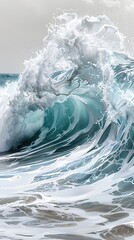 Wall Mural - a digital painting of a semi close-up of ocean waves crashing, dynamic and powerful, more clarity wi