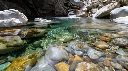 Wall Mural - A digital painting of a semi close-up of a serene mountain stream, clear water and rocks, more clarity with clear light and sharp focus, high detailed