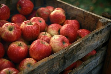 Harvest of ripe juicy red apples collected in a box, agribusiness business concept, organic healthy food and non-GMO fruits with copy space