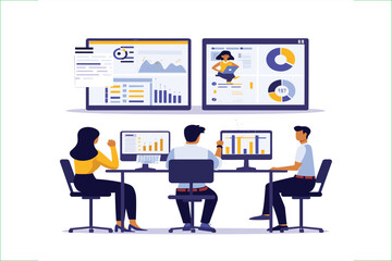 set business flat vector illustration design style concept. for graphic and web page banners. cartoon character design. team online video conference meeting. business planning. data analytics
