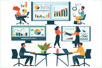 set business flat vector illustration design style concept. for graphic and web page banners. cartoon character design. team online video conference meeting. business planning. data analytics