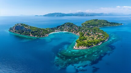 A beautiful island with a blue ocean in the background