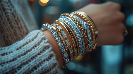 Close up of person wearing bracelets and rings