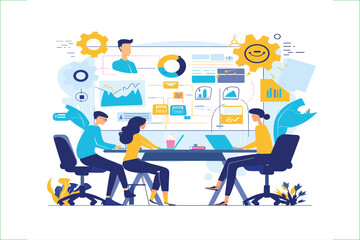 set business flat vector illustration design style concept. for graphic and web page banners. cartoon character design. team online video conference meeting. business planning. data analytics