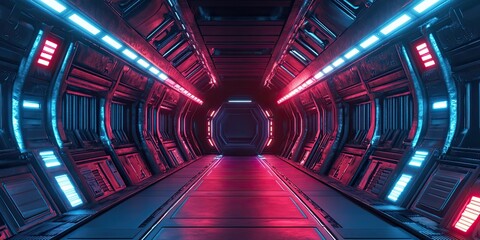 Poster - Futuristic spaceship corridor with pink and blue neon lights