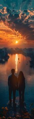 Wall Mural - Capture the essence of a powerful romantic movie ending in an aerial view Blend elements like a sunset, a couples embrace, and a scenic location to evoke love and emotion