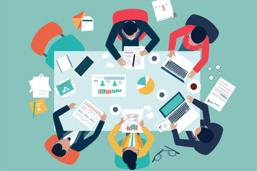 set business flat vector illustration design style concept. for graphic and web page banners. cartoon character design. team online video conference meeting. business planning. data analytics