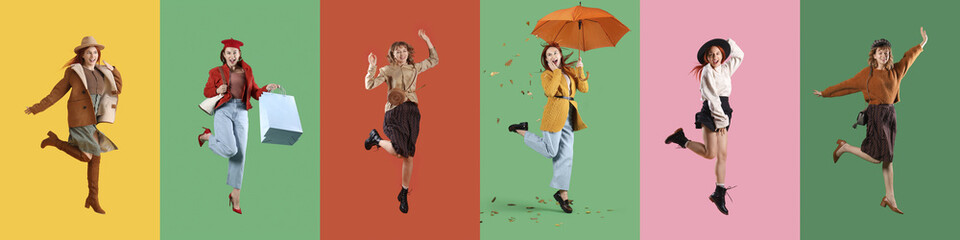 Sticker - Set of many jumping women in autumn clothes on color background