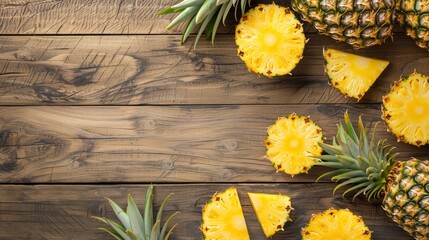 Pineapple slices on a wooden background