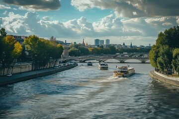 Wall Mural - Summer olympic games 2024 in Paris concept; Five olympic rings on Parisian bridge across the Seine river on sunny day