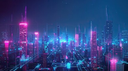 Sticker - Neon Cityscape with Glowing Lines and Stars