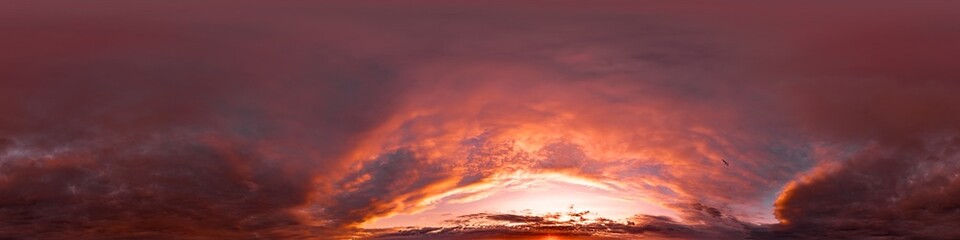 Wall Mural - 360 panorama of glowing sunset sky with bright pink Cumulus clouds. HDR 360 seamless spherical panorama. Full zenith or sky dome sky replacement for aerial drone panoramas. Climate and weather change.