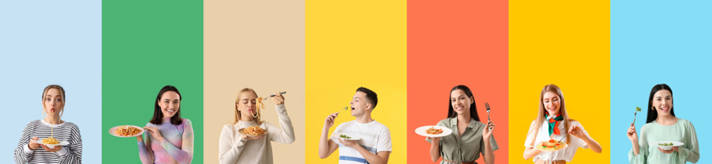 Wall Mural - Set of many people with tasty pasta on color background