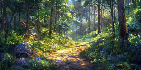 Wall Mural - a winding dirt path through the forest, generative ai
