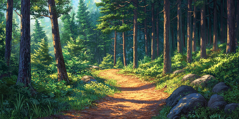 Wall Mural - a winding dirt path through the forest, generative ai