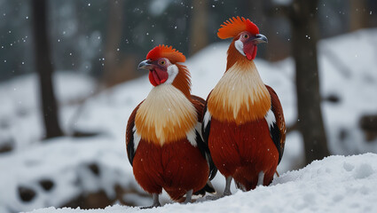 Wall Mural - two birds perched on a snow rock