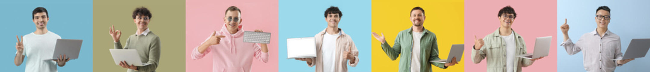 Collage of young male programmers on color background