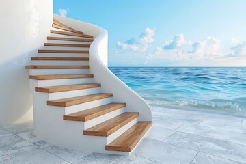 Elegant Staircase Overlooking Ocean Horizon with Clear Blue Sky and Calm Waves