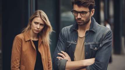 Dissatisfied man and woman standing on the street. Theme of quarrels and discord between married couples