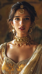 Wall Mural - Young indian beautiful woman with gold jewelry