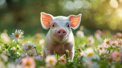 Wall Mural - Pig standing in field of daisies