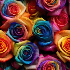 Sticker - Close-up of fresh colorful rainbow roses with dew drops on the petals.