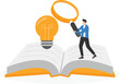 © WS DESIGN - isometric vector illustration on gray background, open book and glowing light bulb with exclamation mark, knowledge in books and search for idea