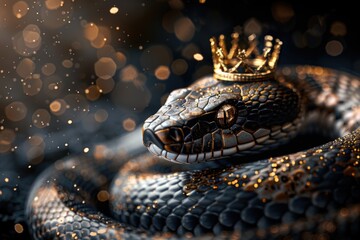 Wall Mural - Black snake wearing a golden crown