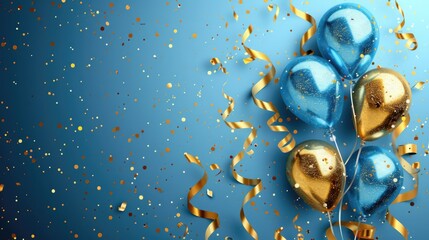 Blue and gold balloons on blue background