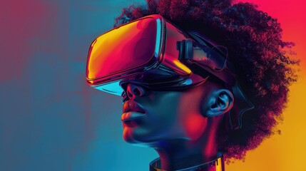 VR Experience: Woman Immersed in Afrofuturistic Dark Colors