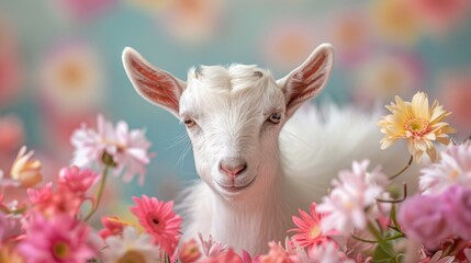 Wall Mural - White goat standing in field of flowers