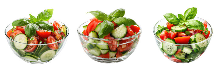 Wall Mural - Set of fresh cucumber and tomato salad in a transparent glass bowl, garnished with basil leaves, isolated on a transparent background