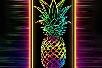 Neon illustration of a pineapple on black background. Modern vibrant digital art