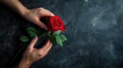 Canvas Print - Hands Gently Holding a Red Rose on Dark Textured Background: Nature, Love, Romance, and Elegance