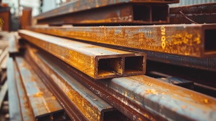 Sticker - Stacked Rusty Steel Beams in Industrial Yard