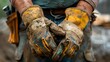 © Vangly - Close-up of worn, muddy work gloves held together, showcasing the grit and dedication of a skilled laborer.