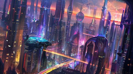 Poster - Futuristic Cityscape with Neon Lights