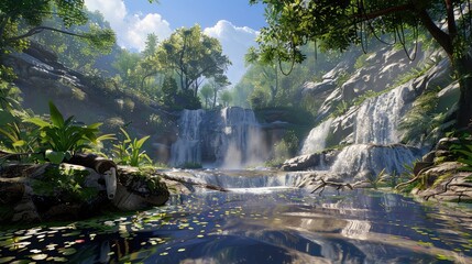 Sticker - Serene Tropical Waterfall in Lush Forest