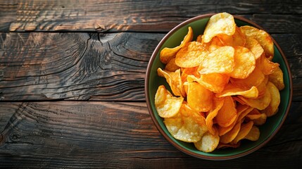 Crispy potato chips in a green bowl on a wooden table