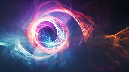 Canvas Print - Vibrant smoke patterns within a luminous circle on a black backdrop representing contemporary aesthetics. Digital illustration.