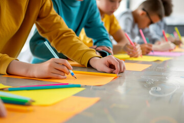 Children engaged in creative activities using colorful pens and paper in a bright classroom setting, fostering artistic expression.