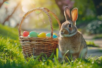 Sticker - Easter bunny with basket of eggs in grass