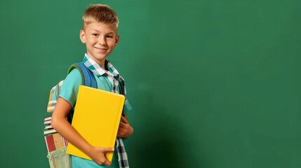 Happy schoolboy with backpack and books on green background