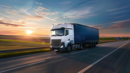 Semi-Truck Driving on a Highway at Sunset