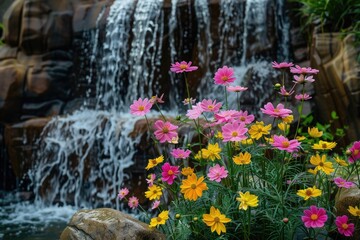 Poster - Colorful cosmos flowers near a waterfall