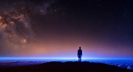 Wall Mural - Man Against the Backdrop of Glowing Blue Outer Space