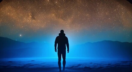 Wall Mural - Man Against the Backdrop of Glowing Blue Outer Space