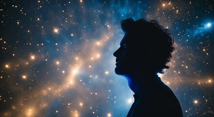 Wall Mural - Man Against the Backdrop of Glowing Blue Outer Space