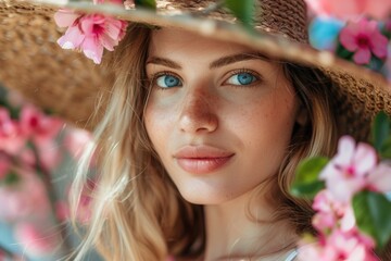 Poster - Woman in straw hat posing in a field of pink flowers