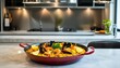 © Serjio - Spanish seafood paella in a vibrant red pan, served in a stylish modern kitchen where the combination of color and flavor captivates.